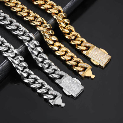 12MM 18K/White Gold Iced Out Clasp Miami Cuban Link Chain Necklace and Bracelet Set