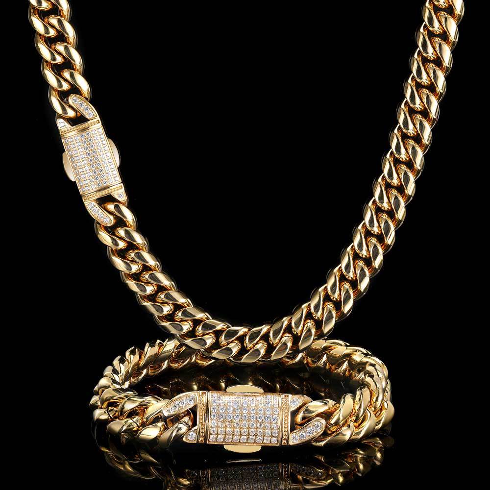 12MM 18K/White Gold Iced Out Clasp Miami Cuban Link Chain Necklace and Bracelet Set