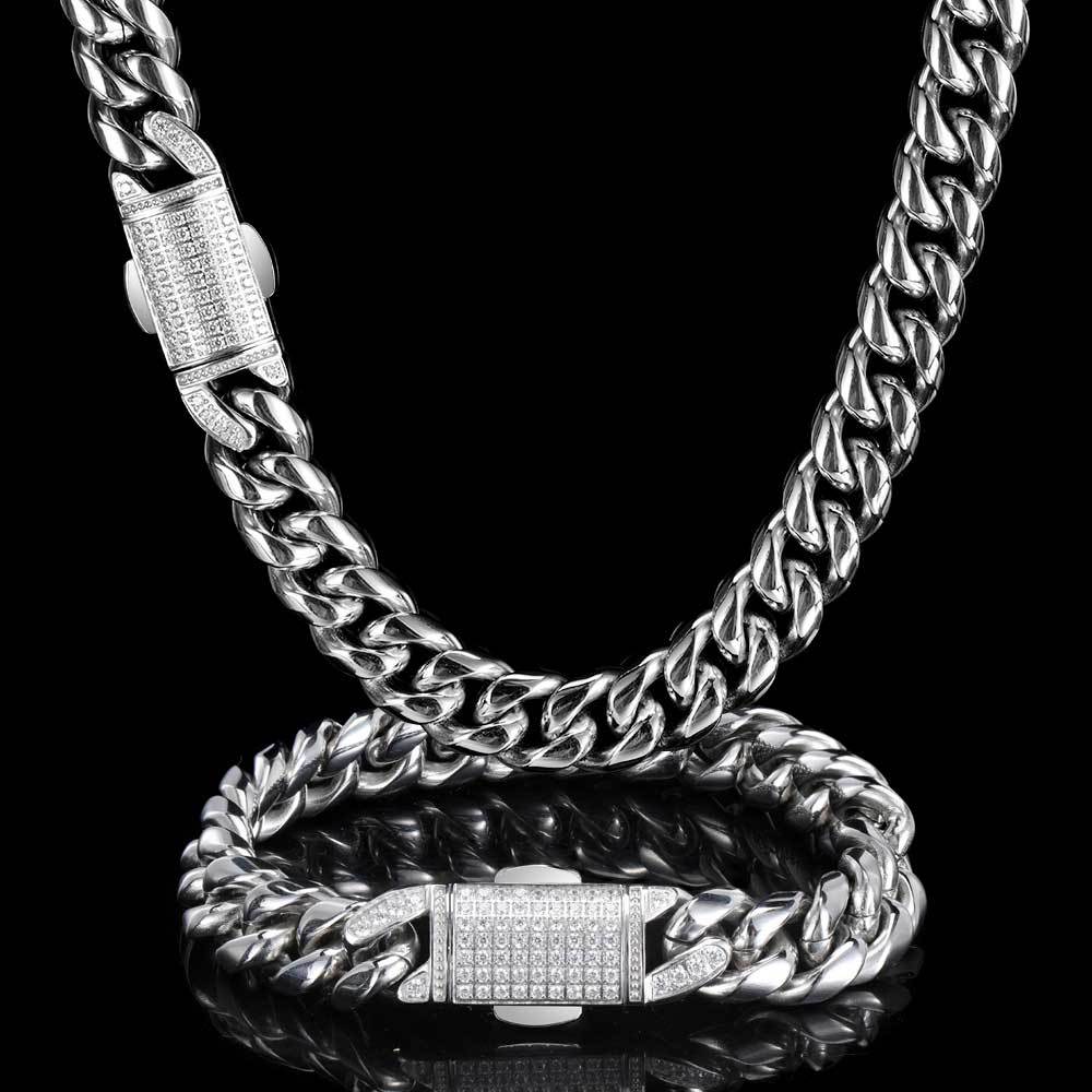 12MM 18K/White Gold Iced Out Clasp Miami Cuban Link Chain Necklace and Bracelet Set