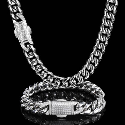 12MM 18K/White Gold Iced Out Clasp Miami Cuban Link Chain Necklace and Bracelet Set