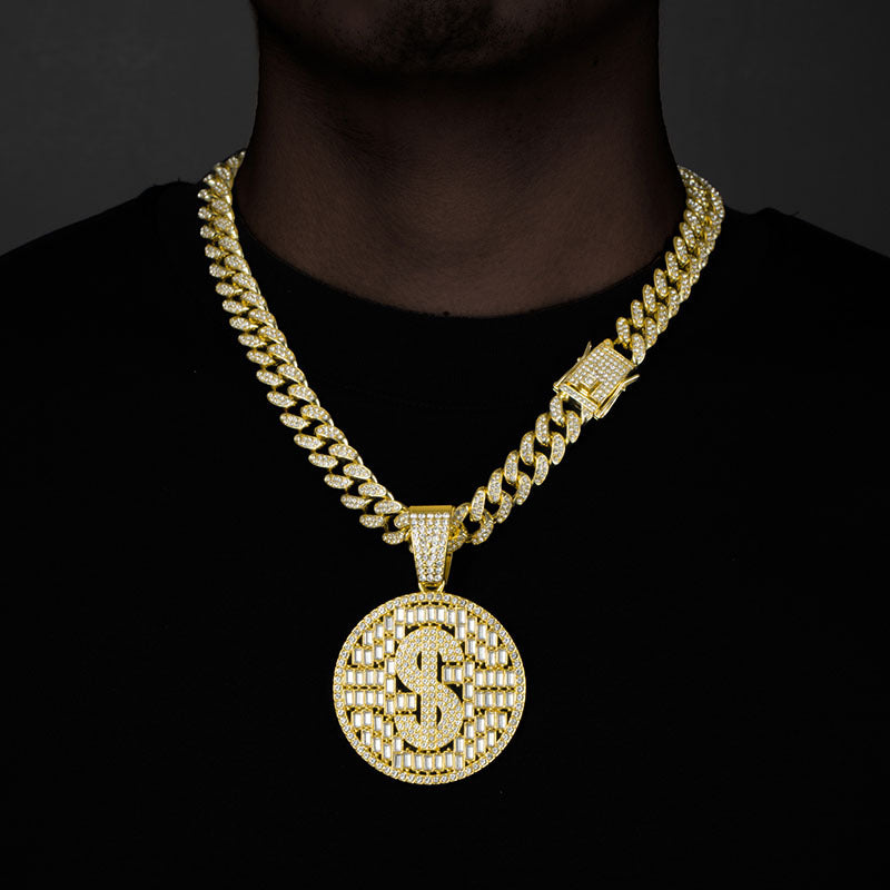 18K Gold Iced Out Zircon Dollar Pattern Pendant
