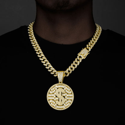 18K Gold Iced Out Zircon Dollar Pattern Pendant
