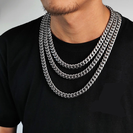 6/8/10/12MM White Gold Smooth Clasp Miami Cuban Link Chain Necklace