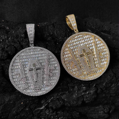 18K/White Gold Jesus Cross Graph Round Pendant