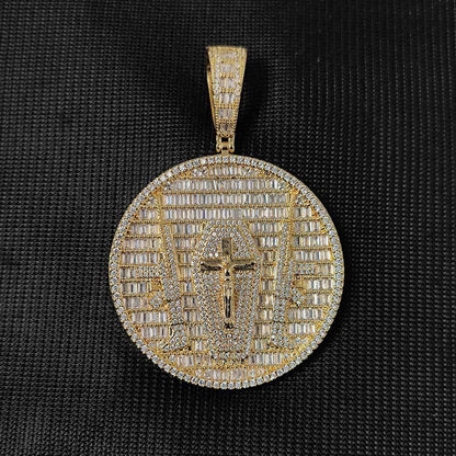 18K/White Gold Jesus Cross Graph Round Pendant