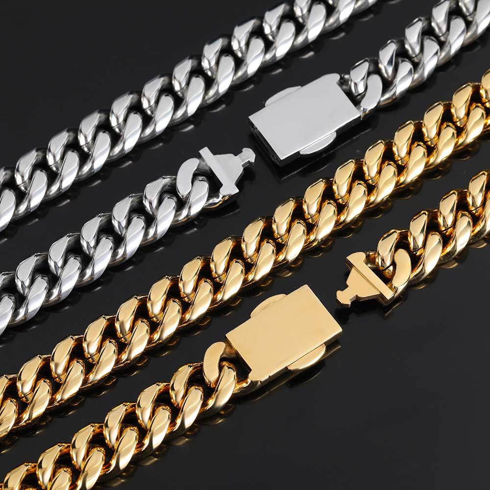 12MM 18K/White Gold Miami Cuban Link Chain Necklace Stainless Steel