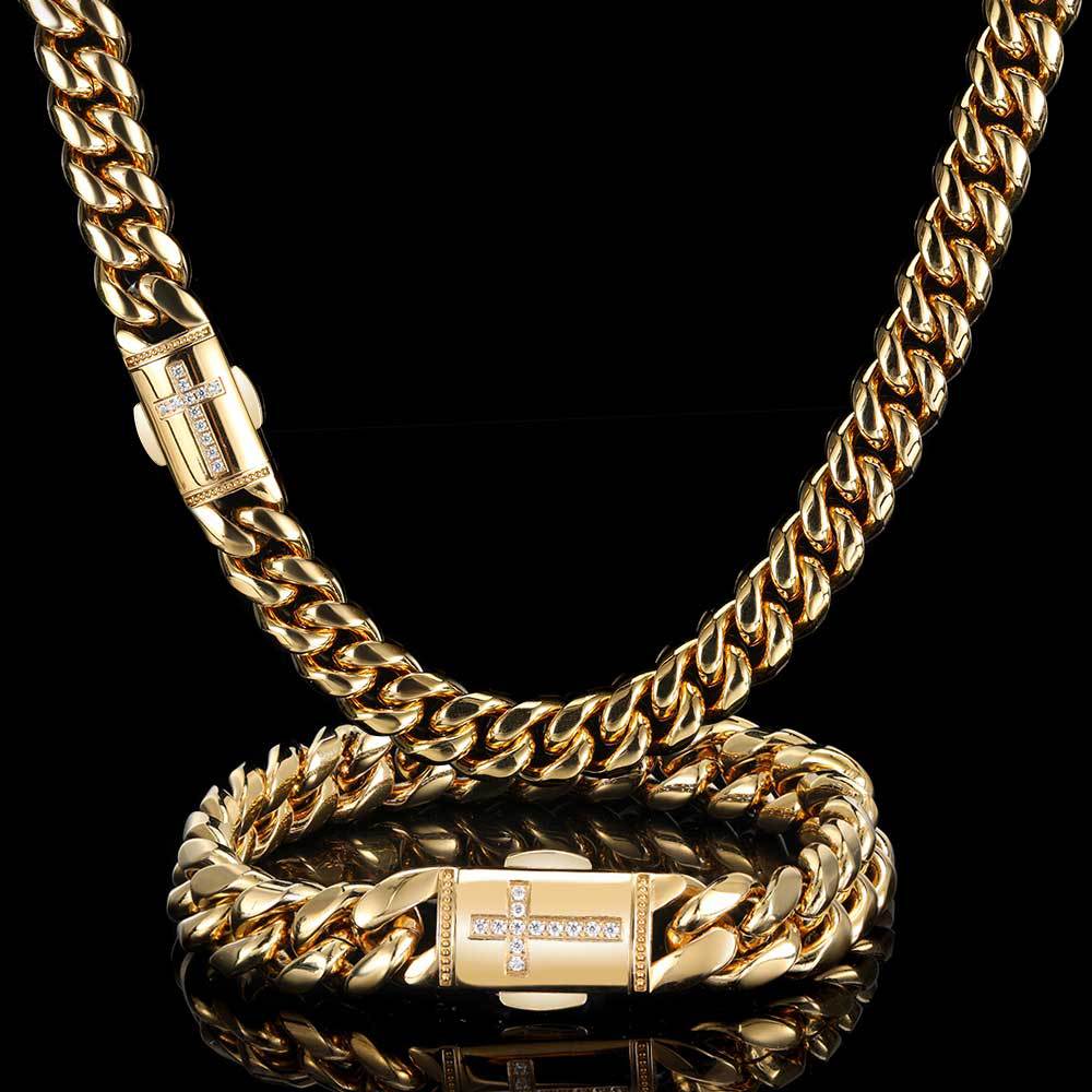 12MM 18K/White Gold Miami Cuban Link Chain Necklace Stainless Steel