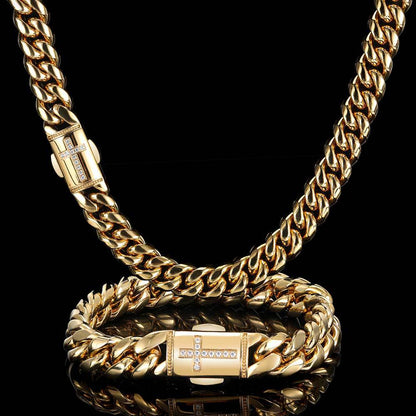 12MM 18K/White Gold Miami Cuban Link Chain Necklace Stainless Steel