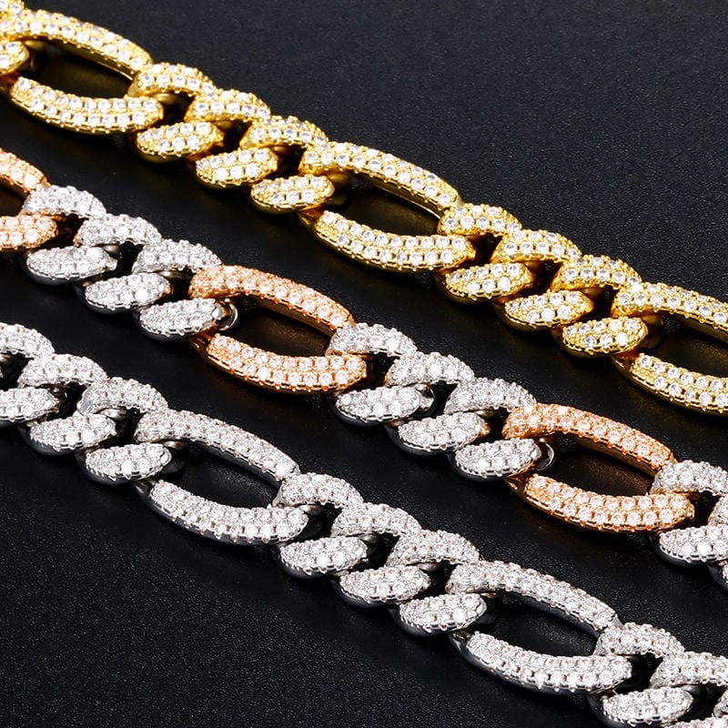 12MM 18K Gold Plated Iced Out Figaro Bracelet