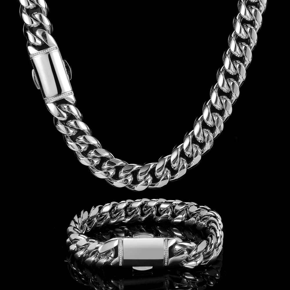 12MM 18k/White Gold Snap Fastener Miami Cuban Link Chain Necklace
