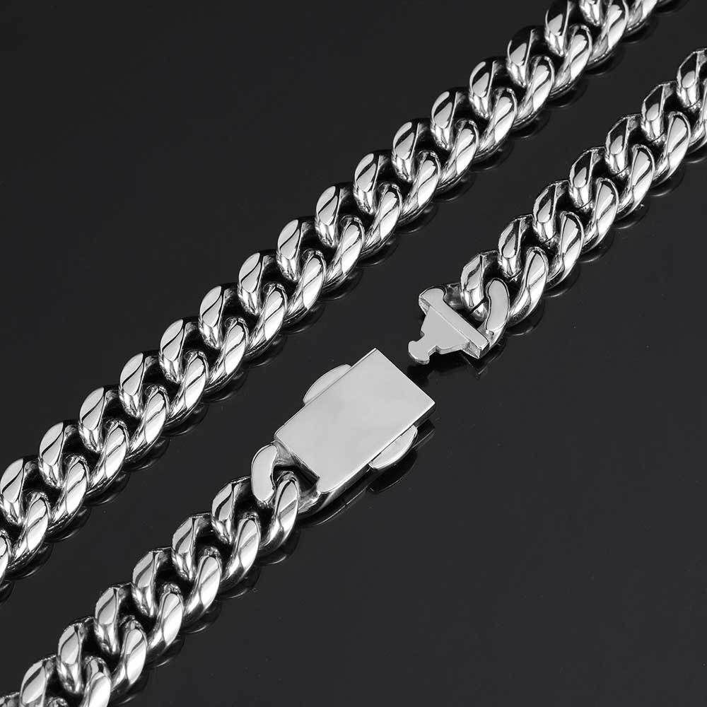 12MM 18k/White Gold Snap Fastener Miami Cuban Link Chain Necklace