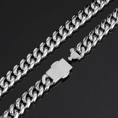 12MM 18k/White Gold Snap Fastener Miami Cuban Link Chain Necklace