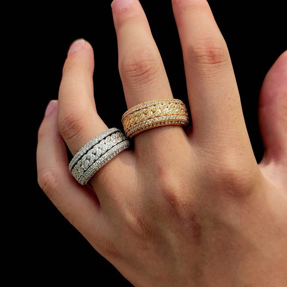 White Gold Iced Both Sides Cuban Link Ring Tripodjewelry