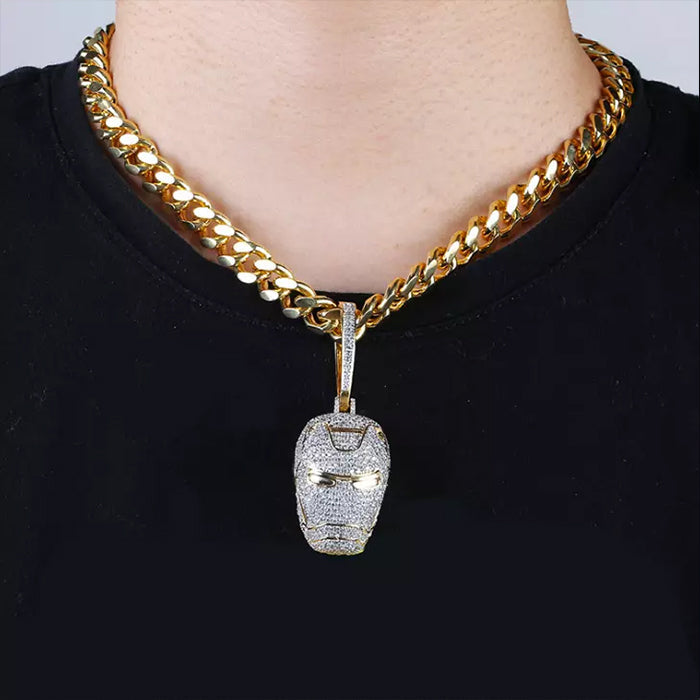 White Gold Iced Out Superhero Iron Man Mask Pendant Tripodjewelry