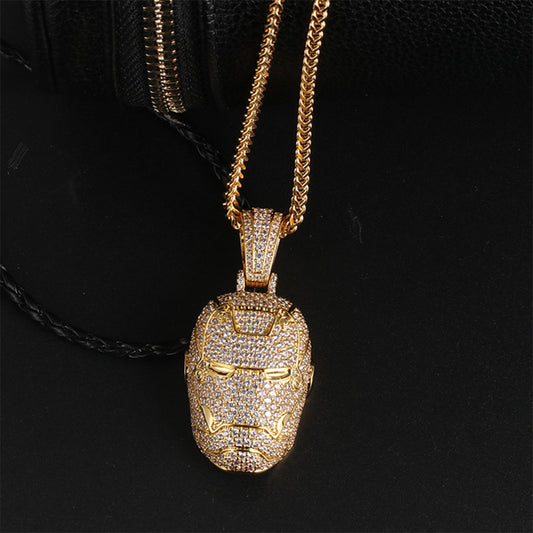 18k Gold Iced Out Superhero Iron Man Mask Pendant Tripodjewelry