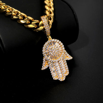 18K Gold Baguette Iced Out Hamsa Hand Pendant