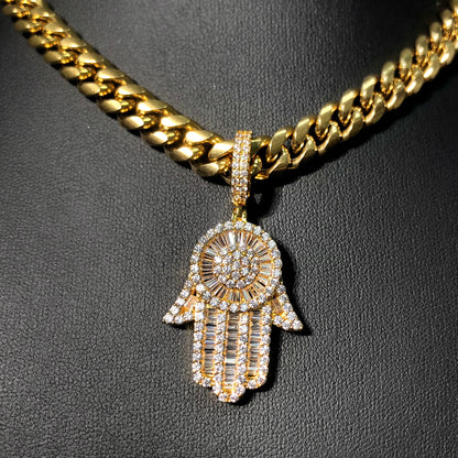 18K Gold Baguette Iced Out Hamsa Hand Pendant