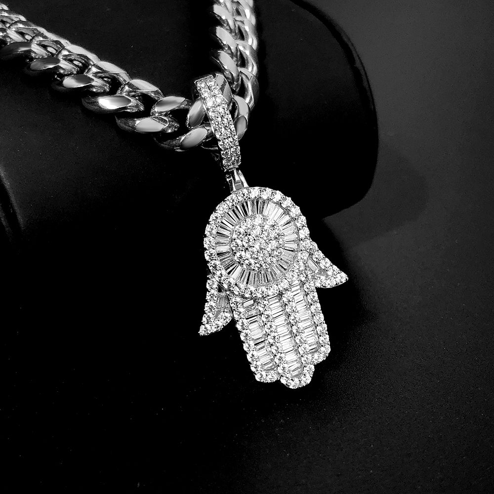 White Gold Baguette Iced Out Hamsa Hand Pendant With 8MM Miami Cuban Chain TRIPOD JEWELRY