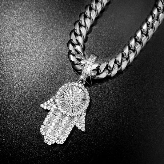 White Gold Baguette Iced Out Hamsa Hand Pendant With 8MM Miami Cuban Chain TRIPOD JEWELRY