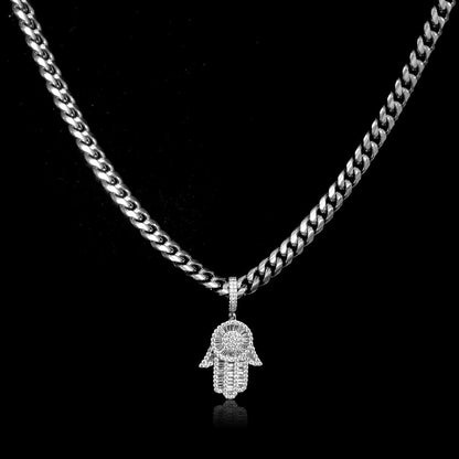 White Gold Baguette Iced Out Hamsa Hand Pendant With 8MM Miami Cuban Chain TRIPOD JEWELRY
