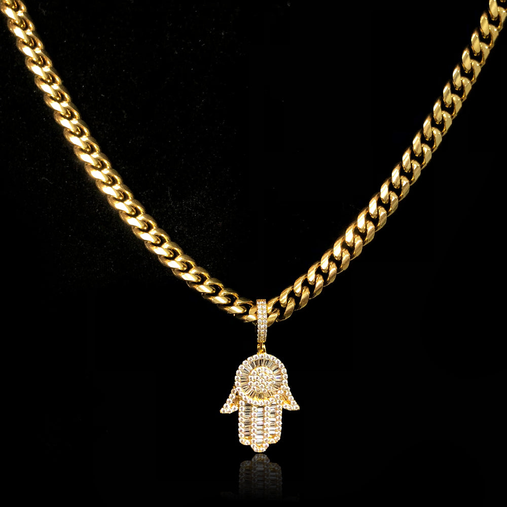 18K Gold Baguette Iced Out Hamsa Hand Pendant