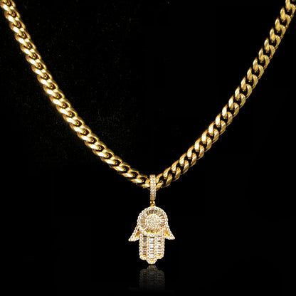 18K Gold Baguette Iced Out Hamsa Hand Pendant
