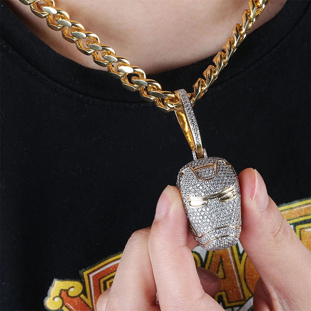 White Gold Iced Out Superhero Iron Man Mask Pendant Tripodjewelry