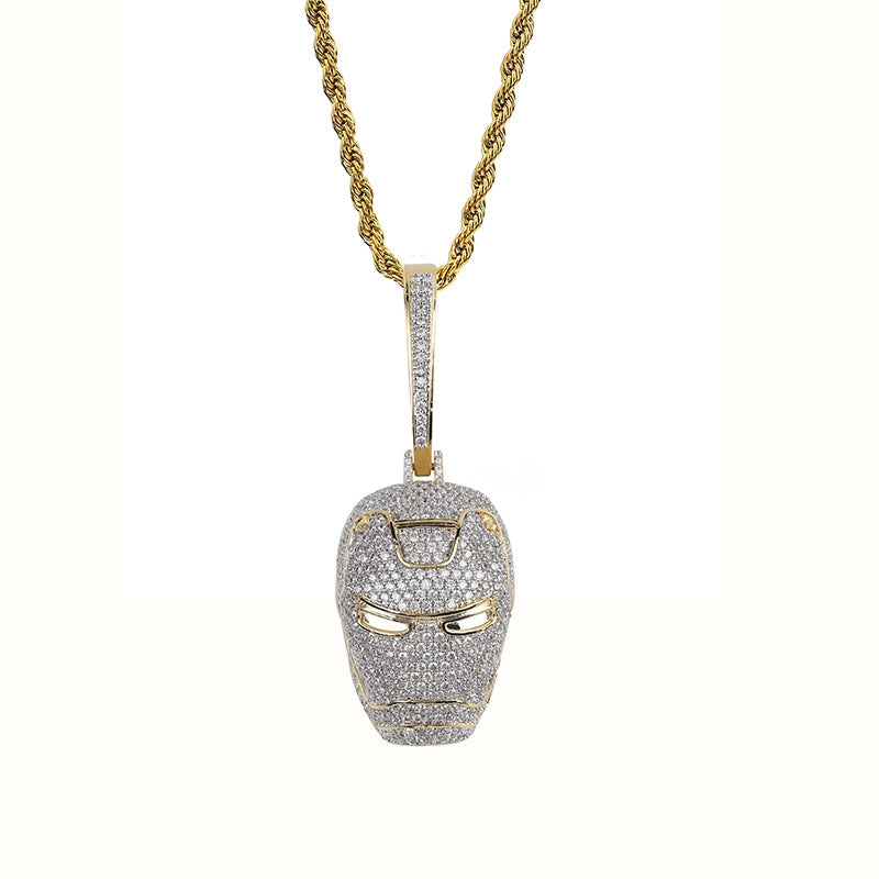 White Gold Iced Out Superhero Iron Man Mask Pendant Tripodjewelry