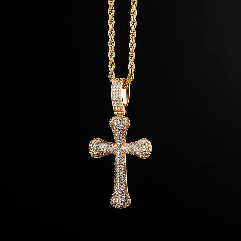 Gold/White Gold Iced Bone Cross Pendant Necklace Tripodjewelry