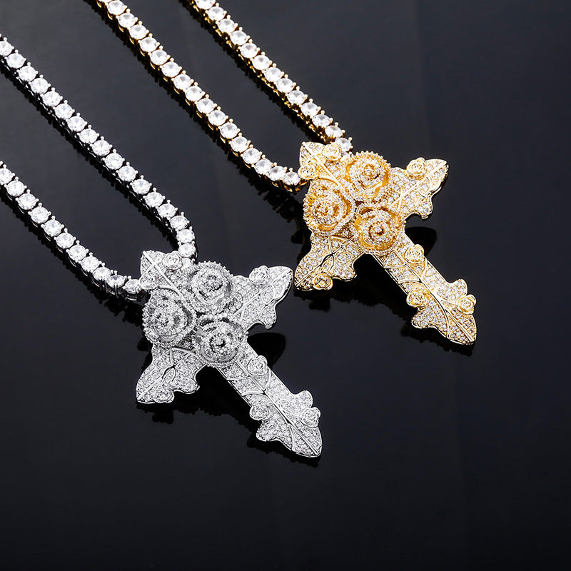 Gold Plated Full Zirconia Vintage Cross Pendant For Men Necklace Jewelry