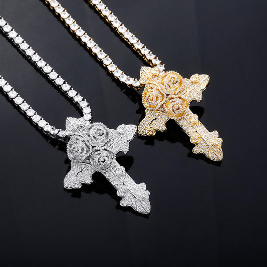 Gold Plated Full Zirconia Vintage Cross Pendant For Men Necklace Jewelry