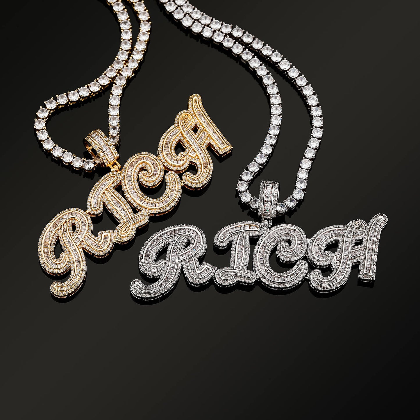 Iced Out Custom Baguette Letters Pendant Necklace For Men White Gold