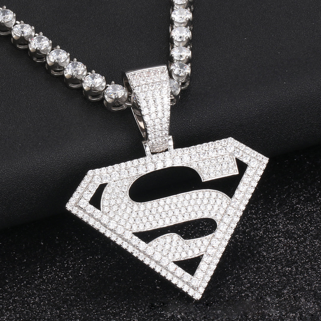 White Gold Iced Out Superman Pendant Stainless Steel Franco Chain Necklace
