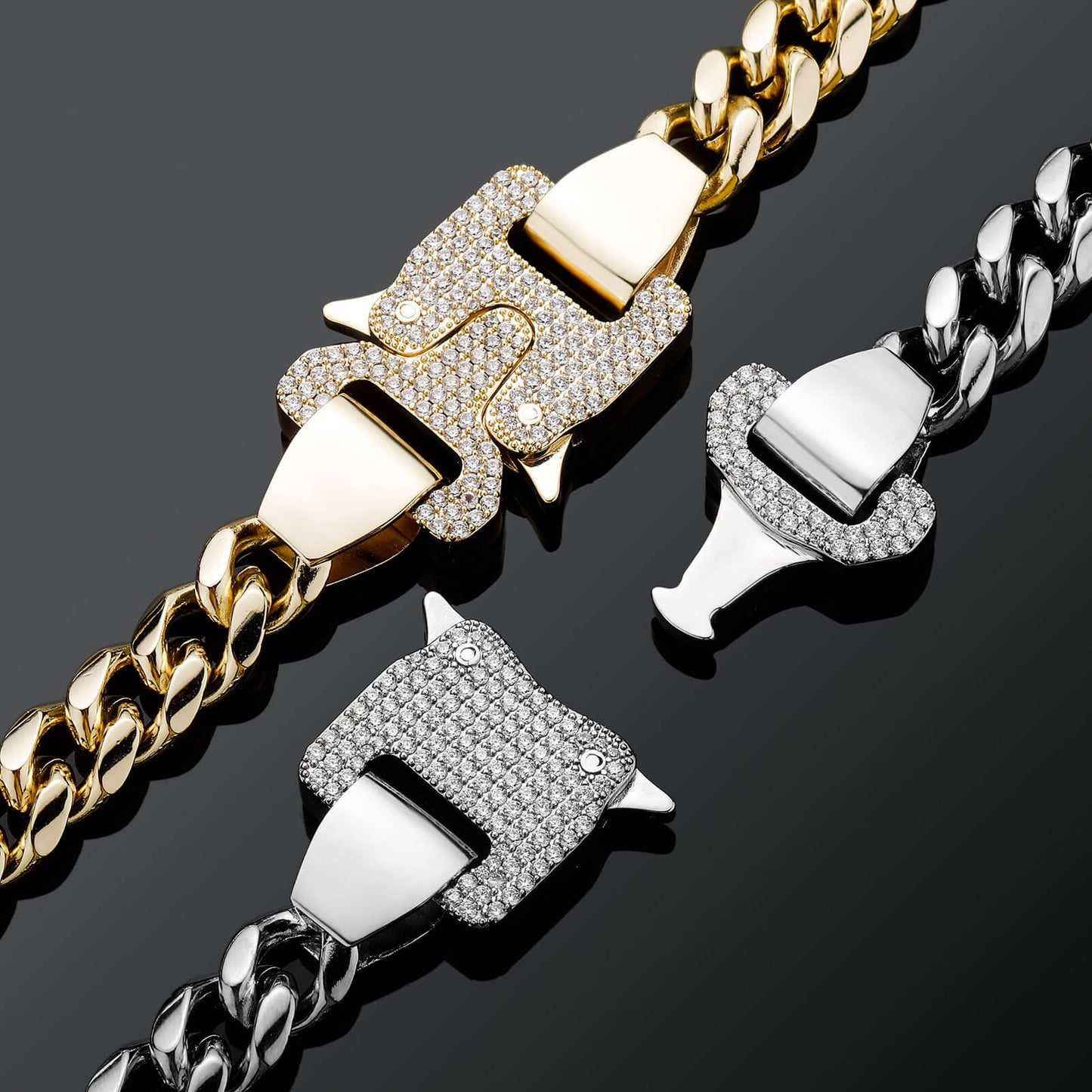 12MM White Gold Roller Coaster Buckle Miami Cuban Link Chain Stainless Steel TRIPOD JEWELRY