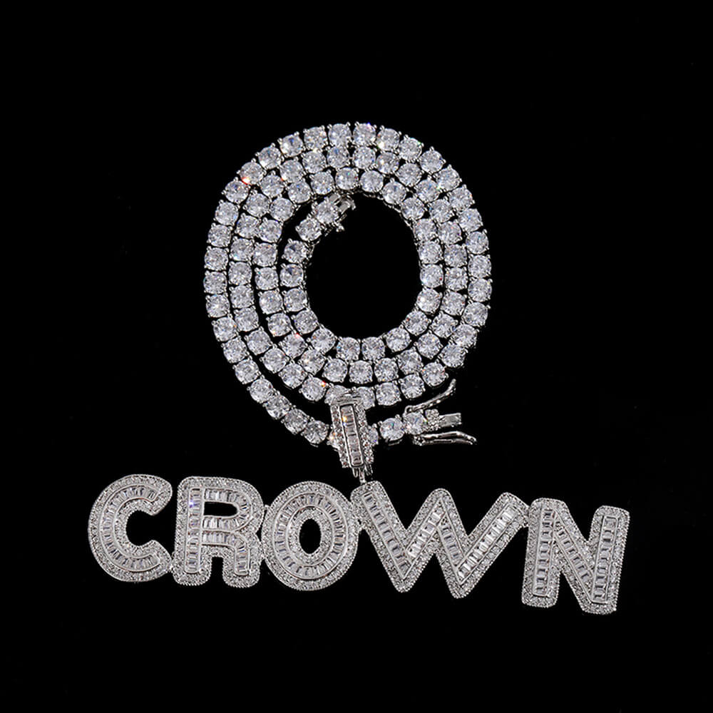 Gold / White Gold Iced Custom Name Letter Pendant Tennis Necklace TRIPOD JEWELRY
