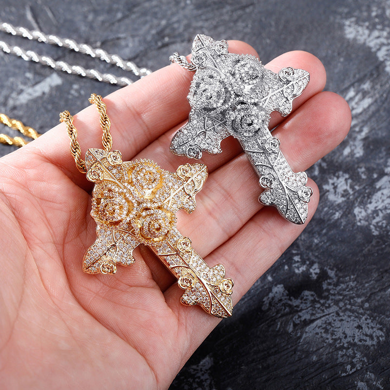 Gold Plated Full Zirconia Vintage Cross Pendant For Men Necklace Jewelry