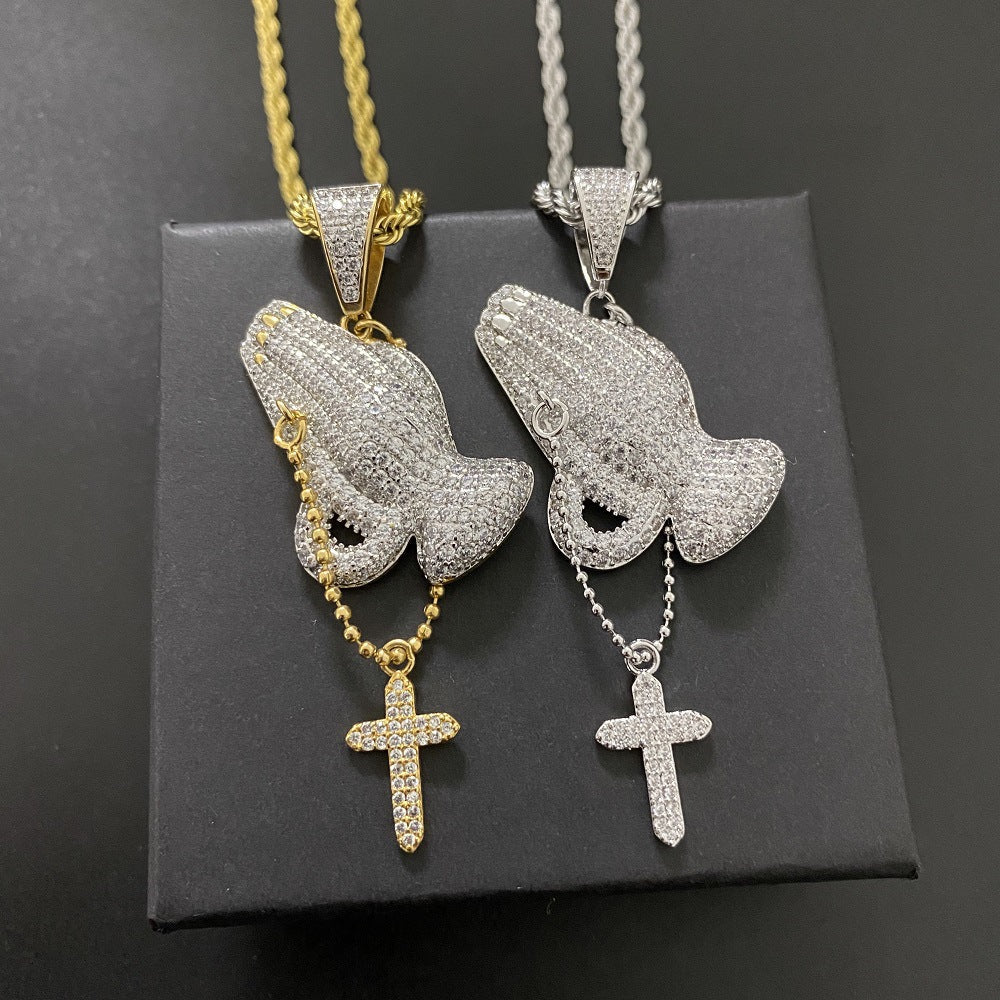 Hip Hop Prayer Hands with Zirconia Cross Pendant Necklace Tripodjewelry