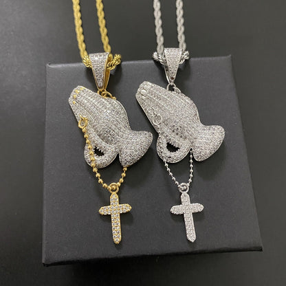 Hip Hop Prayer Hands with Zirconia Cross Pendant Necklace Tripodjewelry