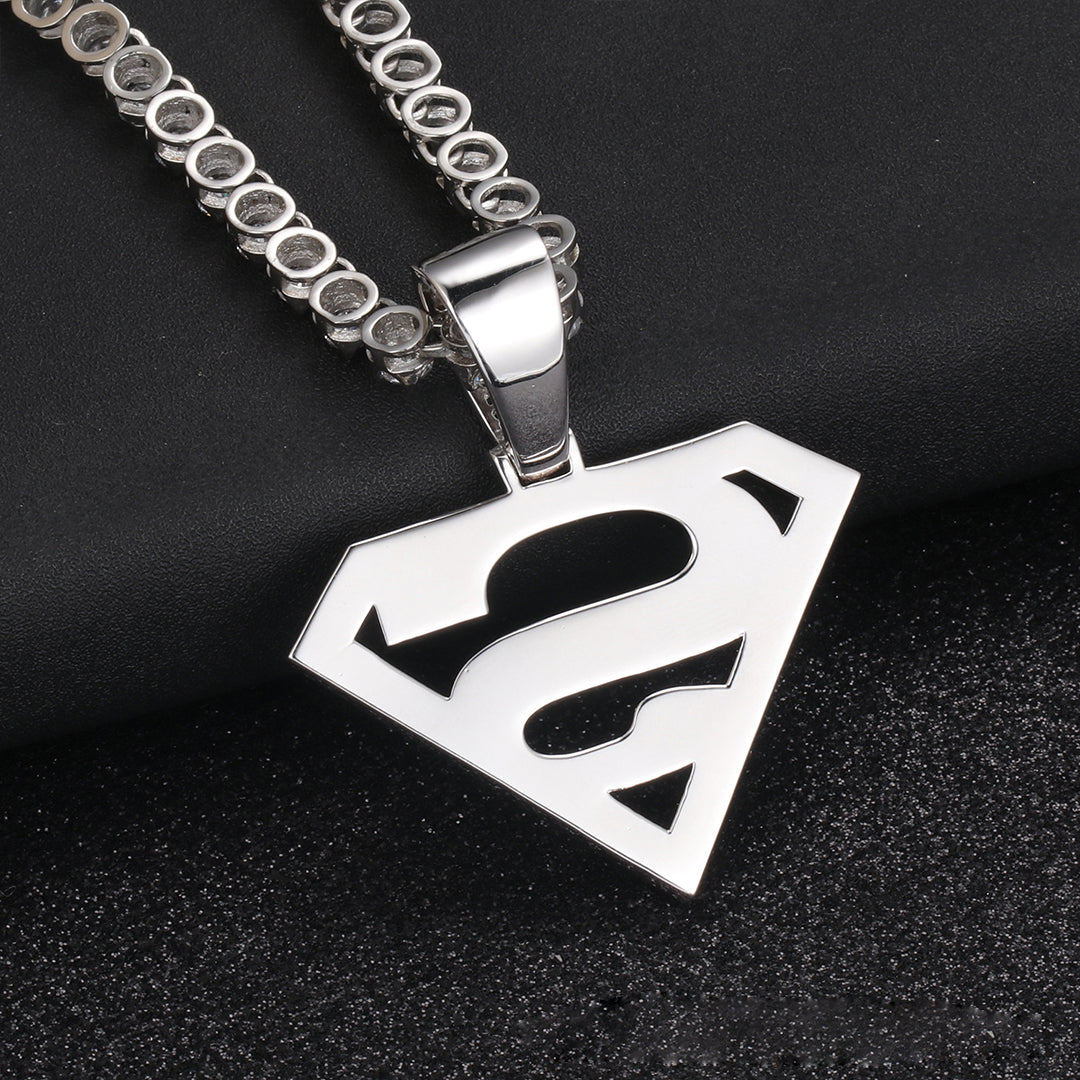 White Gold Iced Out Superman Pendant Stainless Steel Franco Chain Necklace