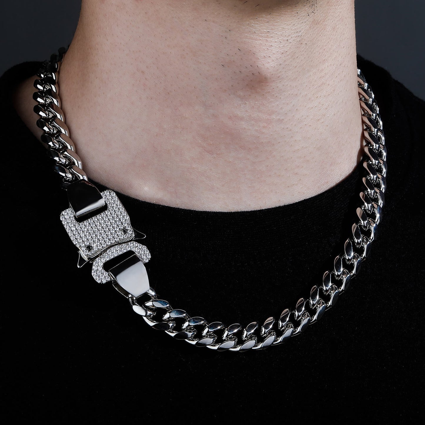 12MM White Gold Roller Coaster Buckle Miami Cuban Link Chain Stainless Steel TRIPOD JEWELRY
