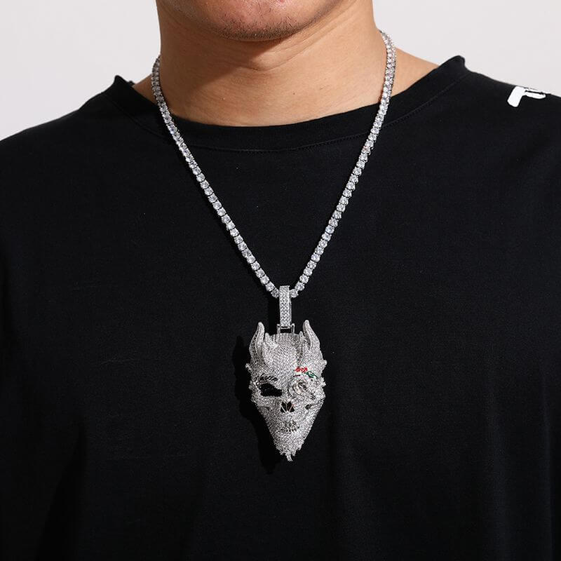 White Gold Iced Out Diamond Rose Skull Pendant Necklace