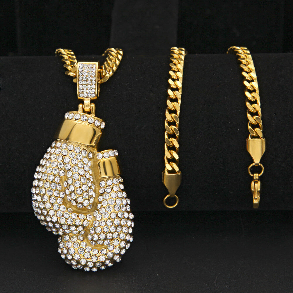 Gold Diamond Boxing Gloves Iced Pendant