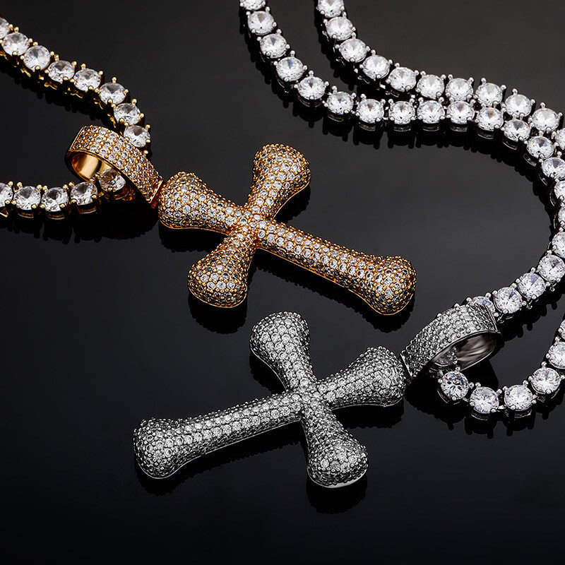 Gold/White Gold Iced Bone Cross Pendant Necklace Tripodjewelry