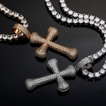 Gold/White Gold Iced Bone Cross Pendant Necklace Tripodjewelry