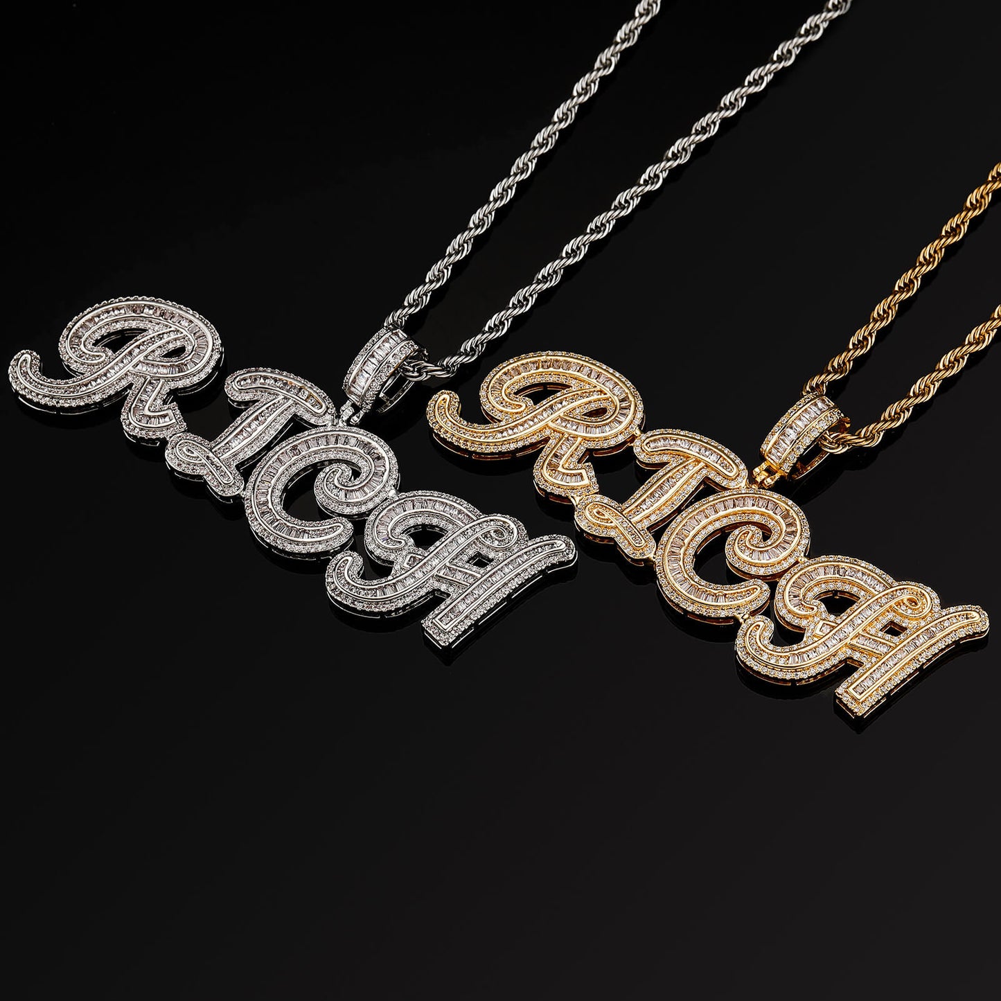Iced Out Custom Baguette Letters Pendant Necklace For Men White Gold