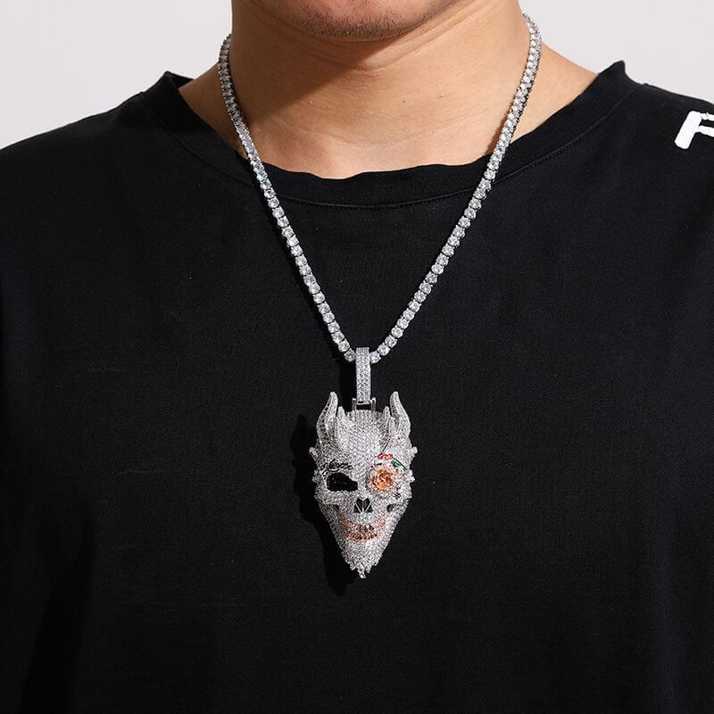 White Gold Iced Out Diamond Rose Skull Pendant Necklace