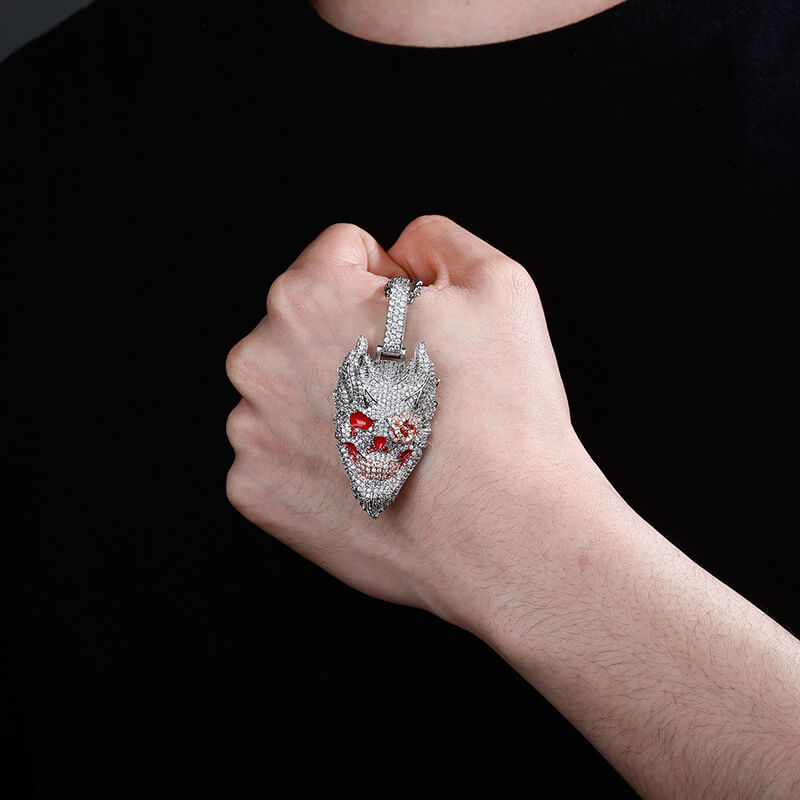 Iced Out Diamond Flame Hell Pendant Hip Hop Necklace For Men Tripodjewelry
