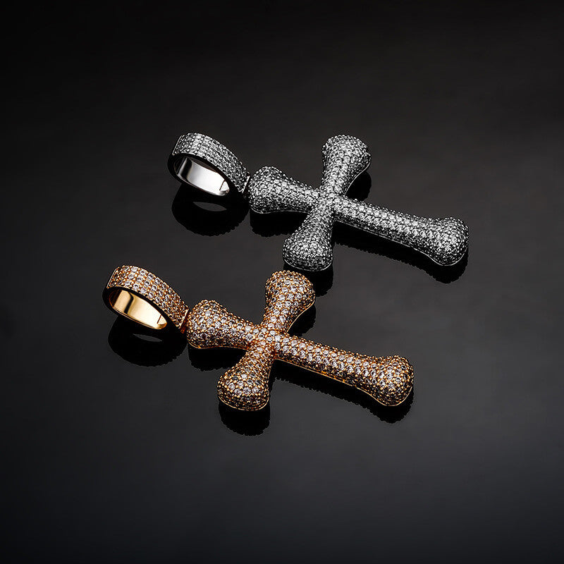 Gold/White Gold Iced Bone Cross Pendant Necklace Tripodjewelry
