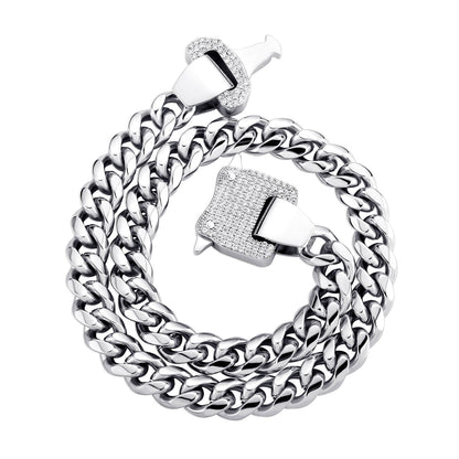 12MM White Gold Roller Coaster Buckle Miami Cuban Link Chain Stainless Steel TRIPOD JEWELRY