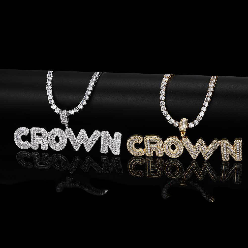 Gold / White Gold Iced Custom Name Letter Pendant Tennis Necklace TRIPOD JEWELRY